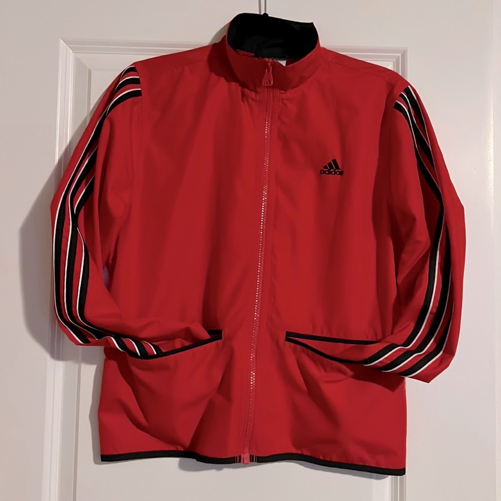 Adidas Spell Out 3 Stripes Red Black Full Zip Womens Windbreaker Jacket medium